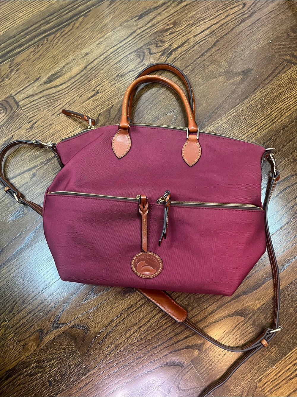Dooney & Bourke Burgundy Nylon Shoulder Bag with Tan Leather Trim - Picture 10 of 13